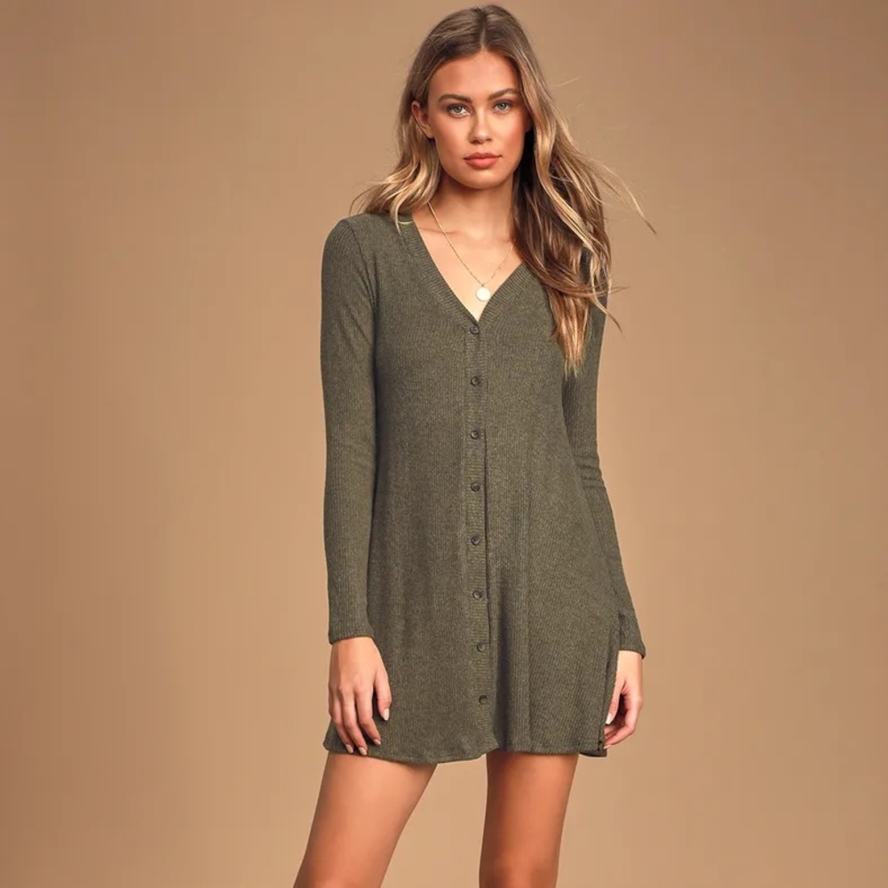 Sweet Comfort Olive Green Button-Front Dress